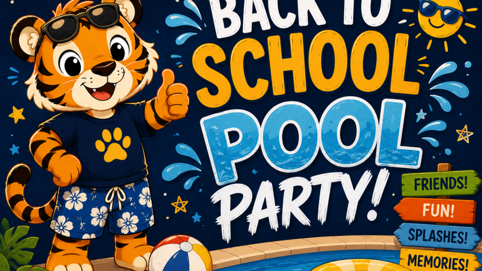 A bright and playful "Back to School Pool Party!" graphic featuring a smiling cartoon tiger wearing a navy blue T-shirt, blue floral swim trunks, and sunglasses resting on its head. The tiger gives a thumbs-up while standing beside a swimming pool against a dark navy background decorated with water splashes, stars, and a smiling sun wearing sunglasses. Large white, gold, and blue lettering reads "Back to School Pool Party!" A beach ball, inflatable swim ring, and colorful signpost with fun summer-themed accents create an energetic, family-friendly design celebrating the start of the school year.
